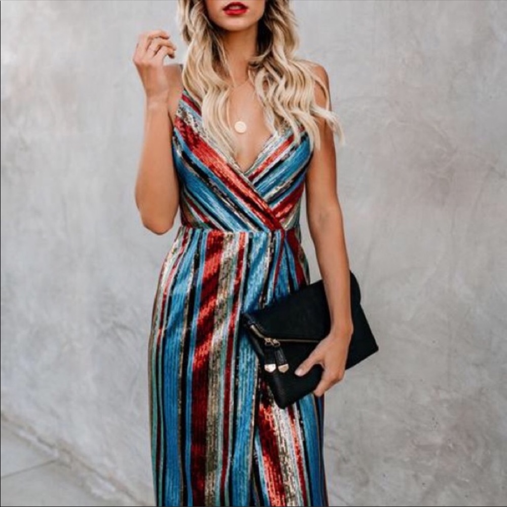 VICI Striped Sequin Spaghetti Strap Wrap Dress